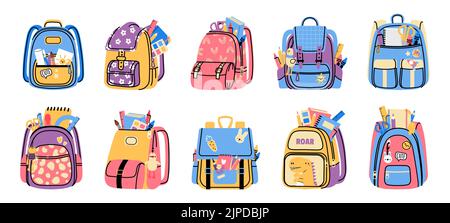 Borse con forniture scolastiche. Accessori per scuola elementare Cartoon in colorati zaini con tasche e zip. Vettore carino scuola elementare istruzione Illustrazione Vettoriale