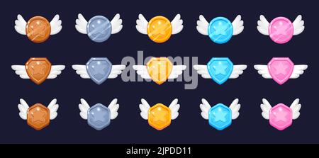 Badge di raggiungimento del gioco. Cartoon di livello superiore e sfida vincere il premio di rango dal più basso al più alto, argento bronzo e oro moneta gioco UI asset. Set vettoriale Illustrazione Vettoriale