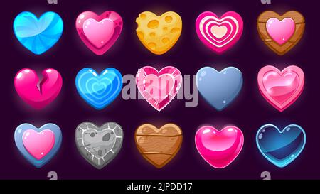 Cartoon Hearts asset. Icone dell'interfaccia utente di gioco di livello 2D, pulsanti cuore di caramelle lucide ed elementi di sprite per il gioco mobile. Set di design Vector Heart Illustrazione Vettoriale