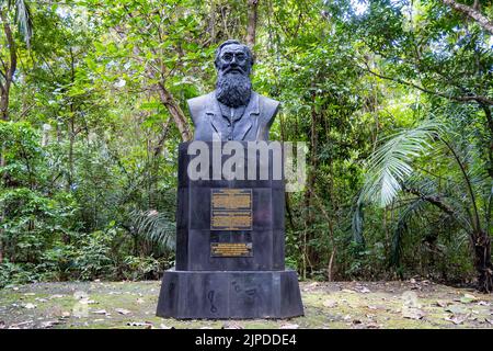 Una statua del famoso naturalista Alfred Russel Wallace al Parco Nazionale e Riserva Naturale di Tangkoko. Sulawesi, Indonesia. Foto Stock