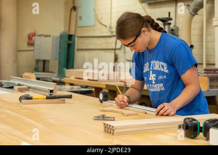 Kalamazoo, Michigan - operai specializzati costruiscono armadi personalizzati presso il negozio Homestead Cabinetmakers, situato nel Park Trades Center. Foto Stock