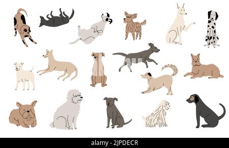 Schizzo divertente del cane. Cuccioli adorabili disegnati a mano carini, personaggi line dog che giocano salti seduti, animali da compagnia colorati. Raccolta con isolamento vettoriale Illustrazione Vettoriale