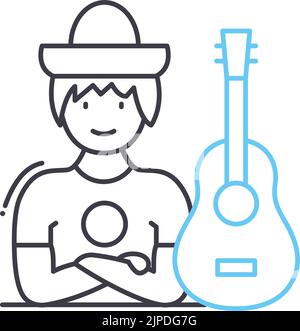 icona della linea del chitarrista, simbolo del contorno, illustrazione vettoriale, segnale concettuale Illustrazione Vettoriale