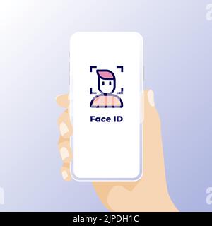 Concetto di riconoscimento facciale. Face ID, sistema di riconoscimento del volto. Tenere lo smartphone con la testa umana e l'app di scansione sullo schermo. Applicazione moderna. Illustrazione Vettoriale