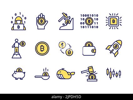 Semplice set di icone Bitcoin line. Icone gialle Bitcoin o Cryptocurrency Coin per sito web, applicazione. Illustrazione Vettoriale