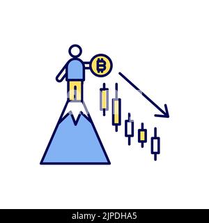 Un uomo con un Bitcoin si trova in cima alla collina, ma il grafico dei prezzi scende. Il mercato della criptovaluta è in calo. Illustrazione Vettoriale