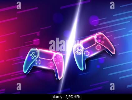 Controller di gioco al neon o joystick per console di gioco. Illustrazione Vettoriale