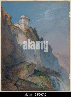 Il Tempio di Vesta e le Cascate di Tivoli, 1859. William Clow (inglese, 1812-1908). Acquerello con gouache e grafite sotto disegno; Un acquerello di presentazione meticolosamente rifinito, su grande scala, questo disegno è stato esposto nel 1860 alla Society of Painters in Water Colours di Londra. La vista è stata presa da un punto di vista basso, rinunciando strettamente osservato, rocce ricoperte di muschio in mezzo alla cascata di schiuma. Come un gioiello, il Tempio di Vesta sormonta l'imponente scogliera, bianco scintillante contro un cielo blu e fresco. La maestosità della vista è sottolineata dalla presenza di figur quasi impercettibile Foto Stock