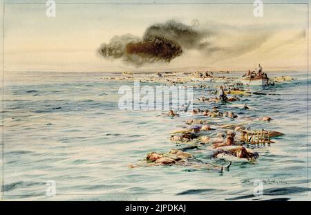 La pista di RMS Lusitania. Vista delle vittime e dei sopravvissuti in acqua e in scialuppa di salvataggio di William Lionel Wyllie RMS Lusitania (che prende il nome dalla provincia romana dell'Europa occidentale corrispondente al Portogallo moderno) Era un transatlantico britannico che fu lanciato dalla Cunard Line nel 1906 e che tenne la denominazione di Blue Riband per il più veloce attraversamento Atlantico nel 1908. Fu brevemente la più grande nave passeggeri del mondo fino al completamento della Mauritania tre mesi dopo. È stata affondata sulla sua 202nd traversata trans-atlantica, il 7 maggio 1915, da una U-boat tedesca a 11 miglia (18 km) al largo del co meridionale Foto Stock