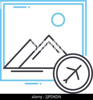 icona della linea fotografica di viaggio, simbolo del contorno, illustrazione vettoriale, segnale concettuale Illustrazione Vettoriale