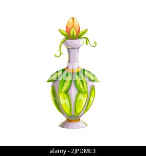 Bottiglia di pozione icona vettoriale, fiasca di vetro con elisir magico, foglie verdi e bocciolo di fiori. Veleno strega natura, elemento cartone animato per il gioco magico isolato su sfondo bianco Illustrazione Vettoriale