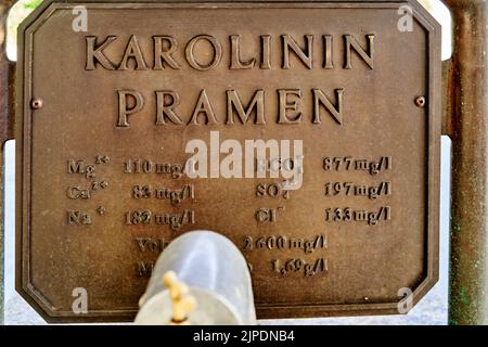 Marienbad, Repubblica Ceca, 30 giugno 2022: Storica lastra di rame che mostra la composizione chimica dell'acqua minerale della sorgente di Caroline a Mari Foto Stock