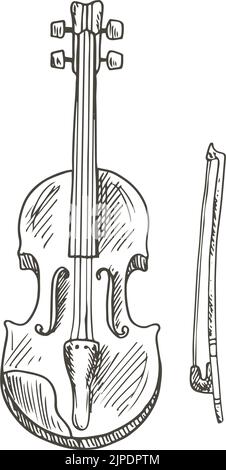 Violoncello violino isolato con schizzo ad arco. Violoncello vettoriale, viola d'orchestra o contrabbasso Illustrazione Vettoriale
