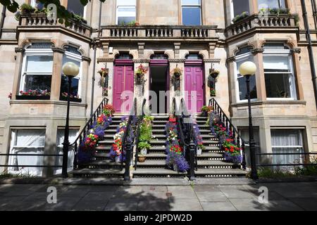 Glasgow, Scozia, Regno Unito. 17th, agosto 2022. Meteo Glasgow. Il sole caldo ha sostituito la pioggia degli ultimi giorni. Un tumulto di piante colorate adornano i gradini di questa proprietà nel Parco della Regina, Foto Stock