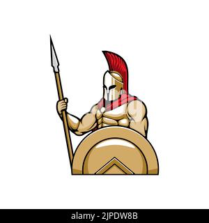 Soldato romano in casco gladiatori con pennarello scarlatto isolato Spartan o Trojan antico guerriero greco con lancia. Vettore Sparta centurion soldato, legionnaire romano, guerra e eroe militare con scudo Illustrazione Vettoriale