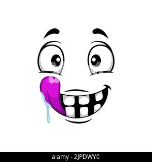 Icona vettoriale isolata faccia cartone animato, emoji facciali di creatura affamata divertente, sorriso emozionale con occhi rotondi e bocca con lingua rosa e saliva gocciolante Illustrazione Vettoriale