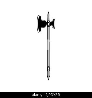 Arma da battaglia medievale retrò con lama affilata in acciaio isolato icona monocromatica. Doppio cricco barbaro vettore, halberd tomahawk. Vecchia ascia con manico in legno, attrezzatura da guerriero, tomahawk Illustrazione Vettoriale