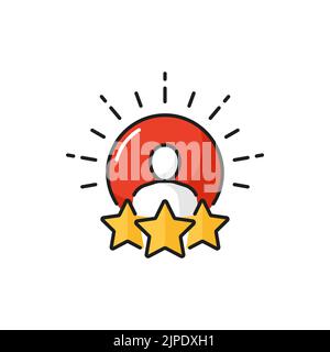 Icona a forma di contorno a colori per la valutazione della qualità dell'assistenza e dell'esperienza utente. Recensione e feedback dei clienti, valutazione della soddisfazione dei clienti segno vettoriale a linea sottile o pittogramma con silhouette umana con tre stelle Illustrazione Vettoriale
