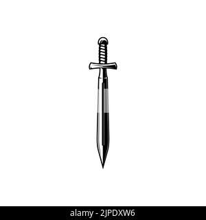 Spada medievale con lama affilata e manico, armatura isolata monocromatica icona arma a corpo singolo Vector a pale, coltello lungo o pugnale con lama lunga attaccata all'hilt. Strumento di combattimento Sabre, armatura antica Illustrazione Vettoriale