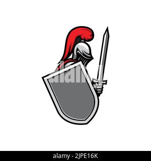 Cavaliere templare in casco con piume rosse, spada e armatura medievale isolata in lamiera. Vettore italiano nobile , eroe in maschera lotta in battaglia, vista profilo. Guerriero in costume protettivo segno di eralderia Illustrazione Vettoriale