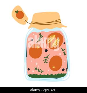 Sottaceti di pomodoro fatti in casa, verdure in scatola in cartoni animati disegnati a mano stile piatto. Illustrazione vettoriale di vaso di vetro con alimenti conservati. Raccolto autunnale Illustrazione Vettoriale