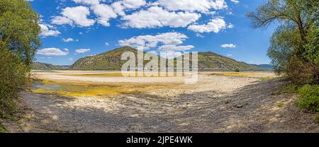 Panorama sul fiume Reno quasi asciutto vicino a Lorchhausen Foto Stock