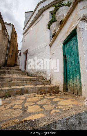 tipica strada greca sull'isola di creta in grecia, vicolo in un piccolo villaggio greco con il tempo scosso battuto porta verde in primo piano e gradini Foto Stock