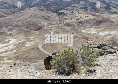 Vista dalla cima del Carroll Rim Trail a Painted Hills al John Day Fossil Beds National Monument nell'Oregon orientale, USA. Foto Stock