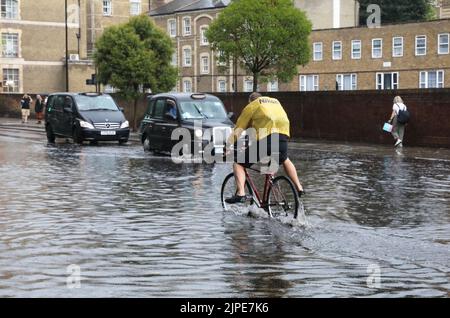 Londra, Regno Unito, 17th agosto 2022. Il MET Office ha emesso un avvertimento color ambra per i temporali, quando finalmente sono arrivate le piogge intense. È probabile che nella capitale si verifichi un'inondazione di case e aziende. Credit : Monica Wells/Alamy Live News Foto Stock