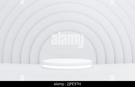 Podium minimo con luce su sfondo con motivo circolare bianco. Piattaforma podio vuota. Rendering 3D. Foto Stock