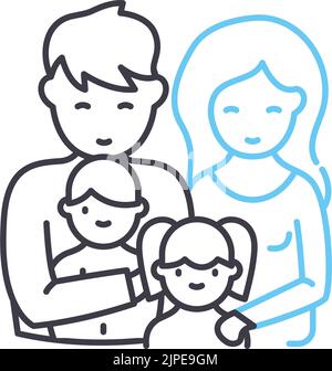 icona della linea madre, padre e bambini, simbolo del contorno, illustrazione vettoriale, segnale concettuale Illustrazione Vettoriale