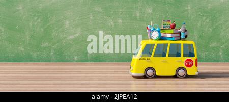 Scuolabus con forniture in piedi in classe su un tavolo di legno con lavagna sullo sfondo 3D Render 3D Illustrazione Foto Stock