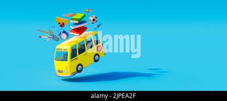 Salto Scuola autobus con forniture scolastiche. Concetto di ritorno a scuola su sfondo blu. 3D rappresentazione 3D illustrazione Foto Stock