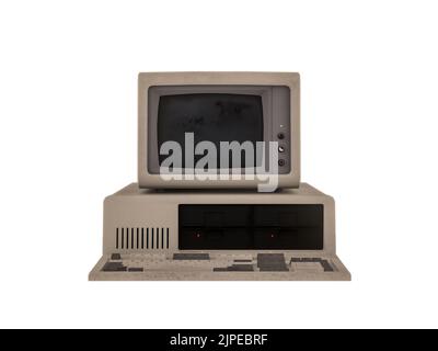 PC desktop vintage con tastiera isolata su sfondo bianco, rendering 3D Foto Stock