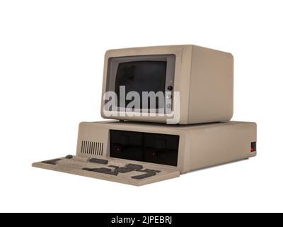 PC desktop vintage con tastiera isolata su sfondo bianco, rendering 3D Foto Stock