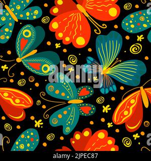 Vettore senza cuciture carino delicato modello di farfalla con fiori tropicali, foglie su uno sfondo nero. Illustrazione vettoriale Illustrazione Vettoriale