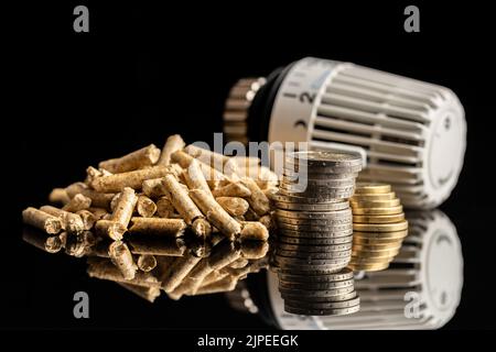 Pellet di legno, monete e testa della valvola termostatica su fondo nero. Biomassa - fonte rinnovabile di riscaldamento. Foto Stock