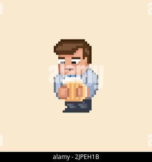 Colorato semplice pixel piatto arte illustrazione di cartone animato triste maschio birra bevente, carattere di video gioco retrò che tiene un bicchiere di birra Illustrazione Vettoriale
