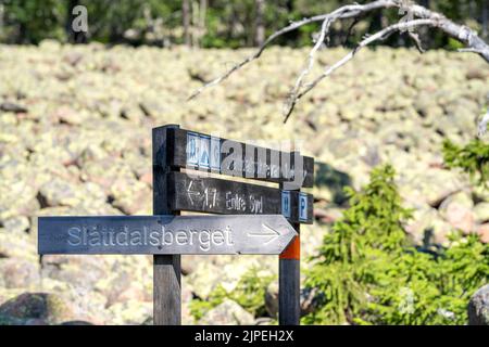 Cartello nel Parco Nazionale di Skuleskogen che indica la strada giusta. Foto Stock