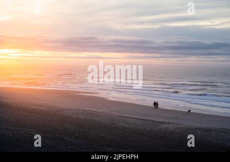 Coppia cammina con il cane sulla spiaggia solitaria durante il tramonto, Sylt, Germania Foto Stock