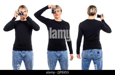 Foto di un giovane uomo in posa con una camicia nera a manica lunga vuota pronta per la tua opera d'arte o il tuo design. Foto Stock