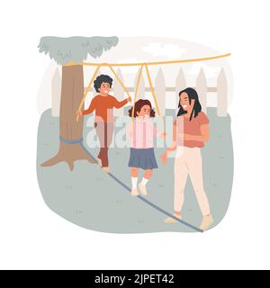 Slackline illustrazione del vettore del cartone animato isolato. Bambino che cammina sulla corda, slackline per i bambini, squarciamento del cortile, tempo libero della famiglia, attività all'esterno, impara a bilanciare i cartoni animati vettoriali. Illustrazione Vettoriale