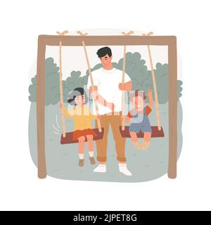 Oscillazione illustrazione del vettore isolato del cartone animato. Set su un cortile, tempo libero in famiglia, bambini che oscillano insieme, padre che spinge i bambini su uno swing, vacanze estive, parco giochi vettoriale cartone animato. Illustrazione Vettoriale