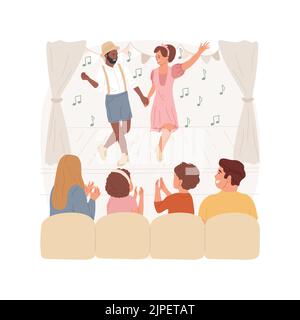 Illustrazione vettoriale di cartone animato isolato musicale. Persone che cantano e ballano sul palco, musical per bambini, gita in famiglia, applaudimento per bambini, spettacolo teatrale, partecipazione al cartoon vettoriale concerto. Illustrazione Vettoriale