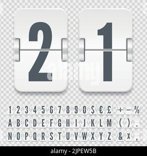 Lavagna a fogli mobili dell'aeroporto con numeri e simboli che indicano le informazioni sulla partenza o l'arrivo del volo. Carattere bianco del tabellone segnapunti del terminale per visualizzare la destinazione e l'illustrazione del vettore orario. Illustrazione Vettoriale