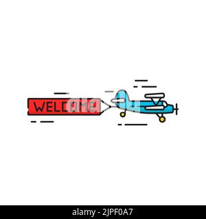 Banner di benvenuto aereo volante, biplanare in nuvole isolato linea di colore icona. Vector parco divertimenti, pubblicità e promozione hello segno. Saluti dall'aria, biplano vecchio, invito al parco giochi Illustrazione Vettoriale