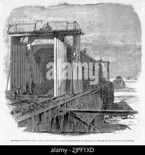 La costruzione del grande Victoria Bridge attraverso il fiume San Lorenzo, Montreal e Saint-Lambert, Quebec, Canada - Sezione che mostra la formazione del tubo e il suo modo di struttura (1860). Illustrazione del 19th° secolo dal quotidiano illustrato di Frank Leslie Foto Stock