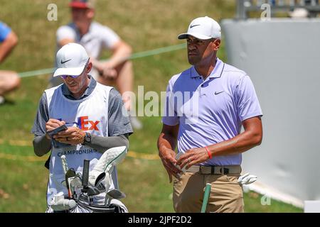 13 agosto 2022: Tony Finau guarda al terzo round del torneo di golf FedEx St. Jude Championship al TPC Southwind di Memphis, TN. Terreno grigio Siegel/Cal Sport Foto Stock