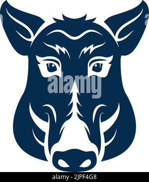 Testa di cinghiale isolata mascotte da caccia. Museruola di maiale vettoriale con coppia di zoccoli, ritratto di zoccoli selvatici. Pericoloso suino forestale aggressivo, talismano sportivo o emblema con warthog, disegno tatuaggio Illustrazione Vettoriale