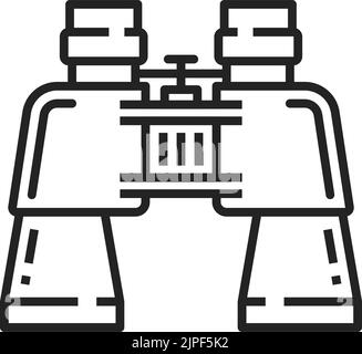 Binocolo icona lineare contorno isolato simbolo spia. Esplorazione e scoperta vettoriale, apparecchiature ottiche, concetto di navigazione. Occhiali da campo due telescopi montati e allineati per puntare in una direzione Illustrazione Vettoriale